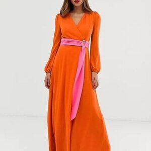 TFNC London Women's Sz 16 Orange V-Neck Long Sleeve‎ Maxi Dress Orange Pink Belt